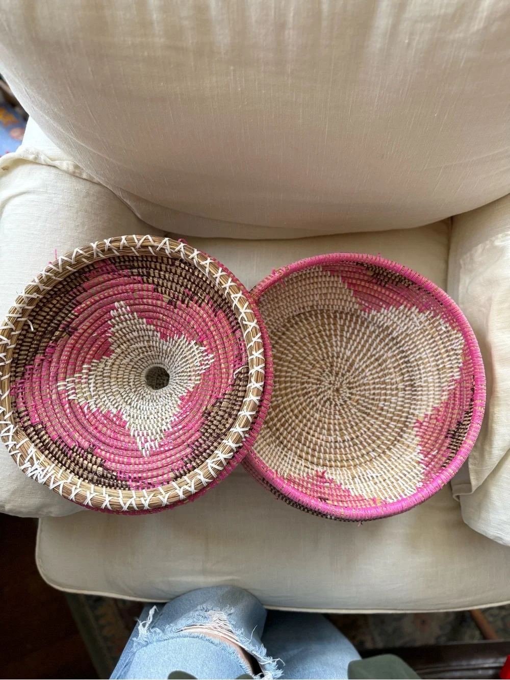 traditional African handwoven lidded basket pink brown and white EUC